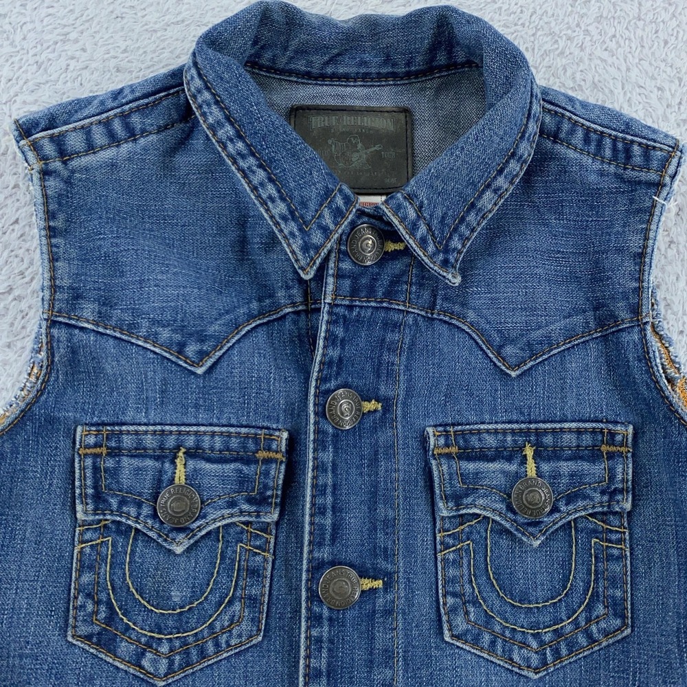 True Religion Denim Cut-off Vest YOUTH‎ KIDS XL Trucker Distressed Button Front